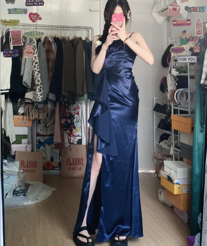 Elegant Navy Blue Mermaid High-Slit Ruffled Satin Long Prom Dresses Evening Dresses Main image