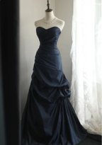 Elegant Navy Blue Mermaid Pleated Satin Long Prom Dresses Evening Dresses