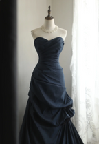 Elegant Navy Blue Mermaid Pleated Satin Long Prom Dresses Evening Dresses