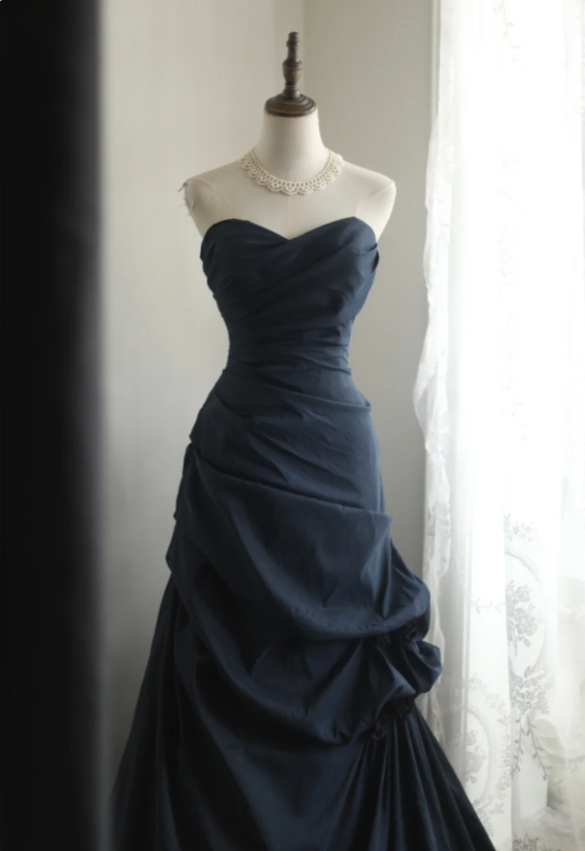 Elegant Navy Blue Mermaid Pleated Satin Long Prom Dresses Evening Dresses