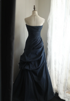 Elegant Navy Blue Mermaid Pleated Satin Long Prom Dresses Evening Dresses