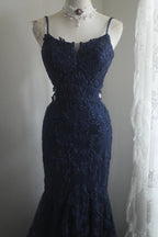 Elegant Navy Blue Mermaid Spaghetti Strap Lace Long Prom Dresses Evening Dresses