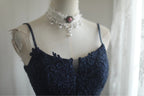 Elegant Navy Blue Mermaid Spaghetti Strap Lace Long Prom Dresses Evening Dresses