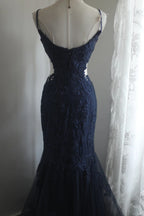 Elegant Navy Blue Mermaid Spaghetti Strap Lace Long Prom Dresses Evening Dresses
