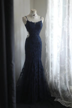 Elegant Navy Blue Mermaid Spaghetti Strap Lace Long Prom Dresses Evening Dresses