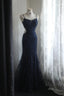 Elegant Navy Blue Mermaid Spaghetti Strap Lace Long Prom Dresses Evening Dresses
