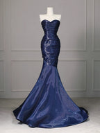 Elegant Navy Blue Mermaid Strapless Pleated Satin Long Prom Dresses Evening Dresses