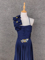 Elegant Navy Blue One-Shoulder 3D Floral Chiffon Long Prom Dresses Evening Dresses