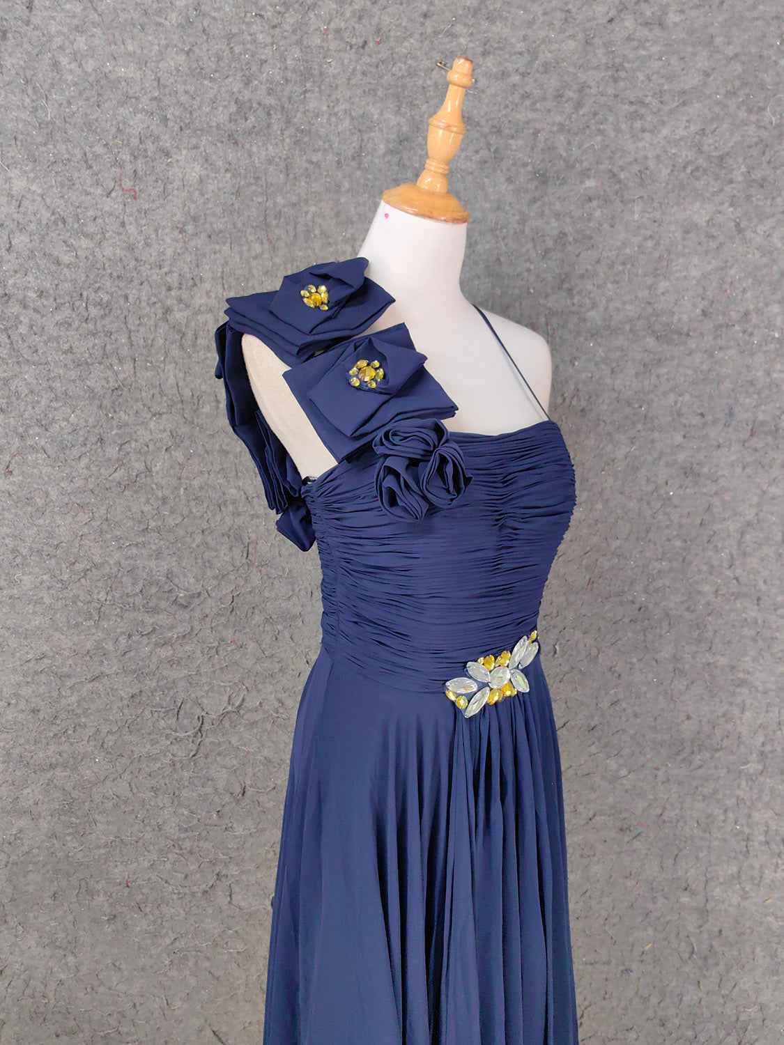 Elegant Navy Blue One-Shoulder 3D Floral Chiffon Long Prom Dresses Evening Dresses