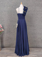 Elegant Navy Blue One-Shoulder 3D Floral Chiffon Long Prom Dresses Evening Dresses