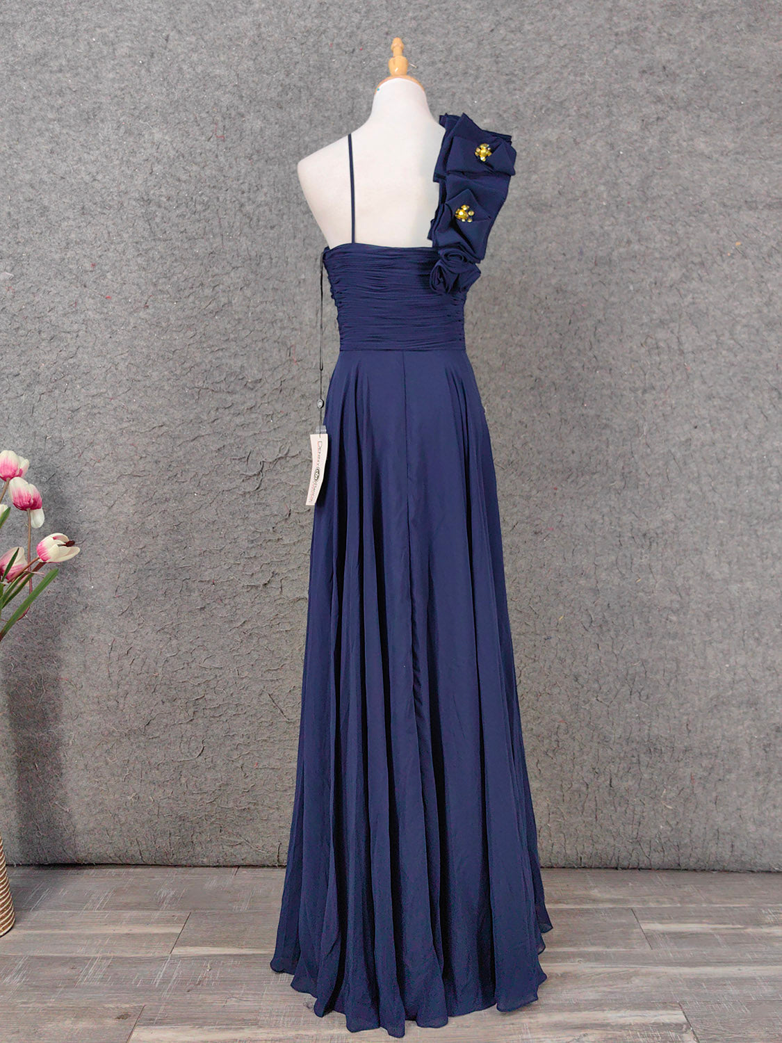 Elegant Navy Blue One-Shoulder 3D Floral Chiffon Long Prom Dresses Evening Dresses