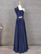 Elegant Navy Blue One-Shoulder 3D Floral Chiffon Long Prom Dresses Evening Dresses