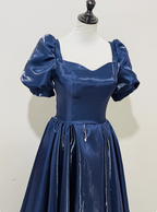 Elegant Navy Blue Puffed Short Sleeve Satin Long Prom Dresses Evening Dresses
