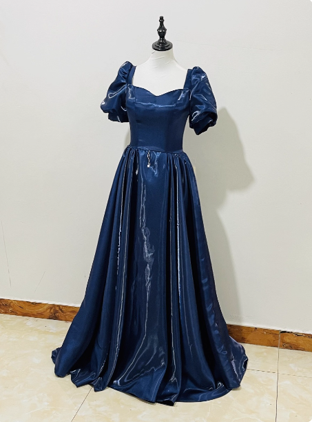 Elegant Navy Blue Puffed Short Sleeve Satin Long Prom Dresses Evening Dresses