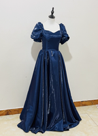 Elegant Navy Blue Puffed Short Sleeve Satin Long Prom Dresses Evening Dresses