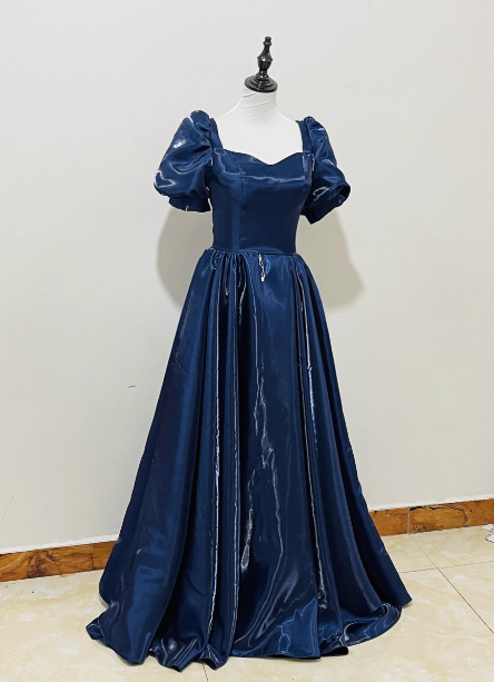 Elegant Navy Blue Puffed Short Sleeve Satin Long Prom Dresses Evening Dresses