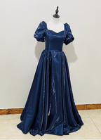 Elegant Navy Blue Puffed Short Sleeve Satin Long Prom Dresses Evening Dresses