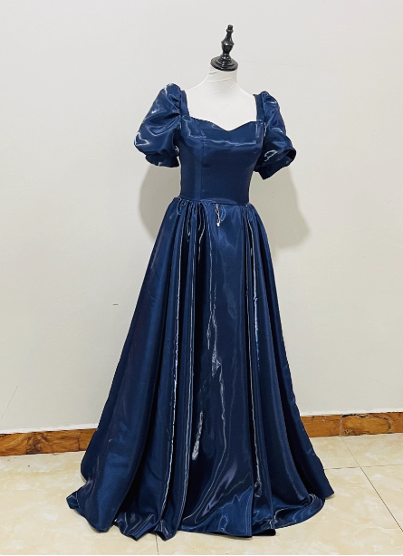 Elegant Navy Blue Puffed Short Sleeve Satin Long Prom Dresses Evening Dresses