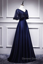 Elegant Navy Blue Short Sleeved Beaded Cape With Satin Lace Navy Blue V Neck Backless And Ground Length Prom Dresses