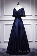Elegant Navy Blue Short Sleeved Beaded Cape With Satin Lace Navy Blue V Neck Backless And Ground Length Prom Dresses