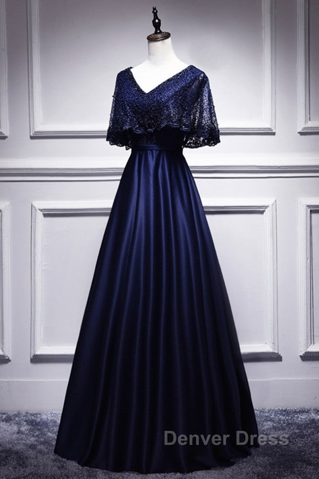 Elegant Navy Blue Short Sleeved Beaded Cape With Satin Lace Navy Blue V Neck Backless And Ground Length Prom Dresses