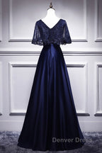 Elegant Navy Blue Short Sleeved Beaded Cape With Satin Lace Navy Blue V Neck Backless And Ground Length Prom Dresses