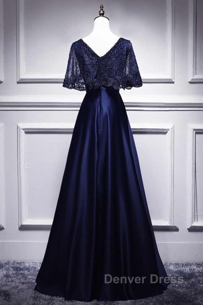Elegant Navy Blue Short Sleeved Beaded Cape With Satin Lace Navy Blue V Neck Backless And Ground Length Prom Dresses