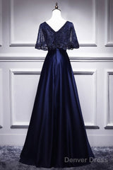Elegant Navy Blue Short Sleeved Beaded Cape With Satin Lace Navy Blue V-Neck Backless And Ground Length Evening Dress