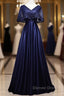 Elegant Navy Blue Short Sleeved Beaded Cape With Satin Lace Navy Blue V Neck Backless And Ground Length Prom Dresses