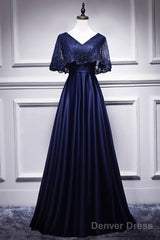Elegant Navy Blue Short Sleeved Beaded Cape With Satin Lace Navy Blue V-Neck Backless And Ground Length Evening Dress