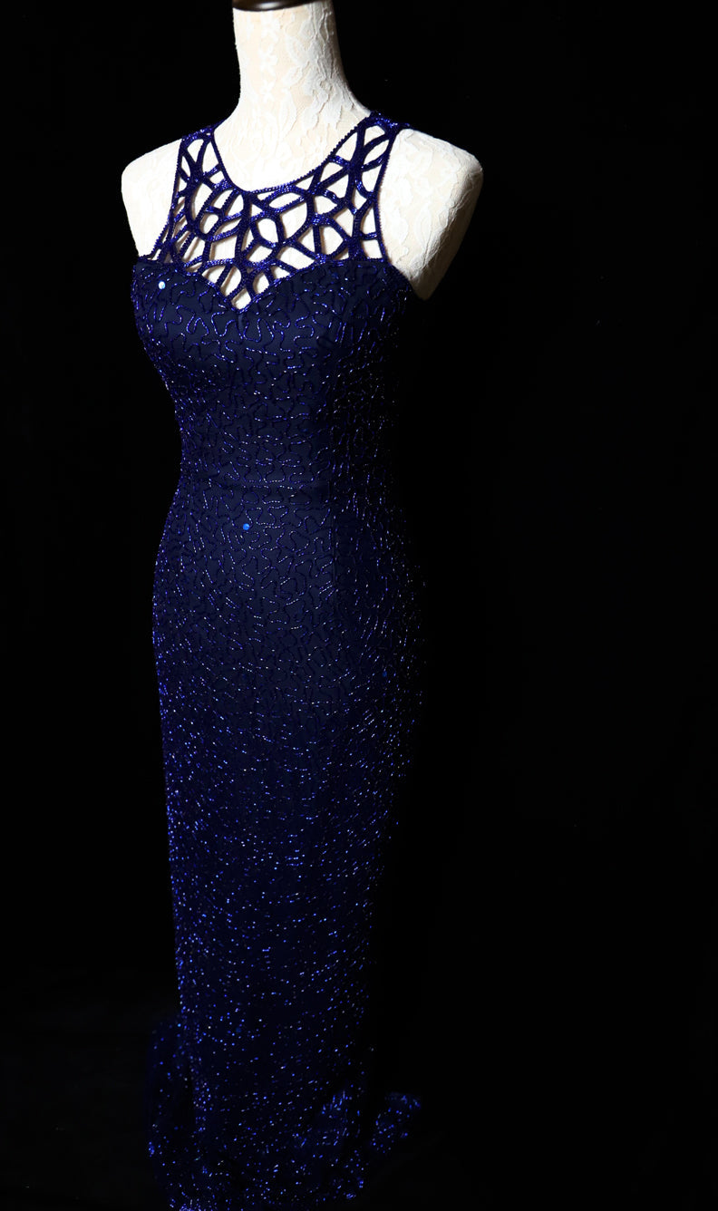 Elegant Navy Blue Sleeveless Cutout Halter Mermaid Bead Embroidered Lace Prom Dresses Evening Dresses Secondary image