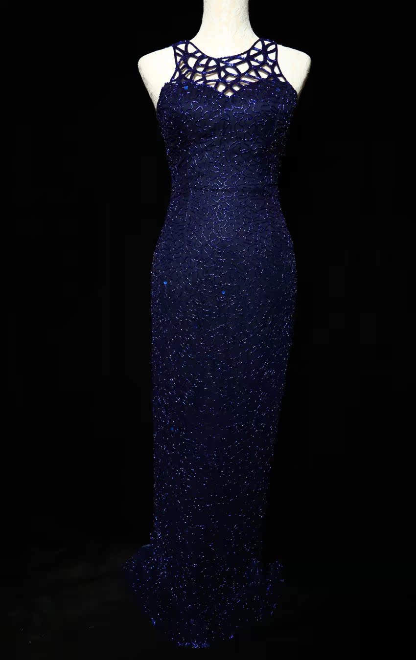 Elegant Navy Blue Sleeveless Cutout Halter Mermaid Bead Embroidered Lace Prom Dresses Evening Dresses