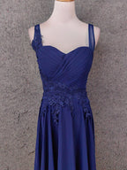 Elegant Navy Blue Spaghetti Strap Lace Ruffled Chiffon Long Prom Dresses Evening Dresses