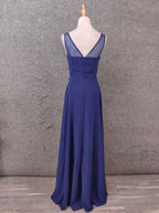 Elegant Navy Blue Spaghetti Strap Lace Ruffled Chiffon Long Prom Dresses Evening Dresses