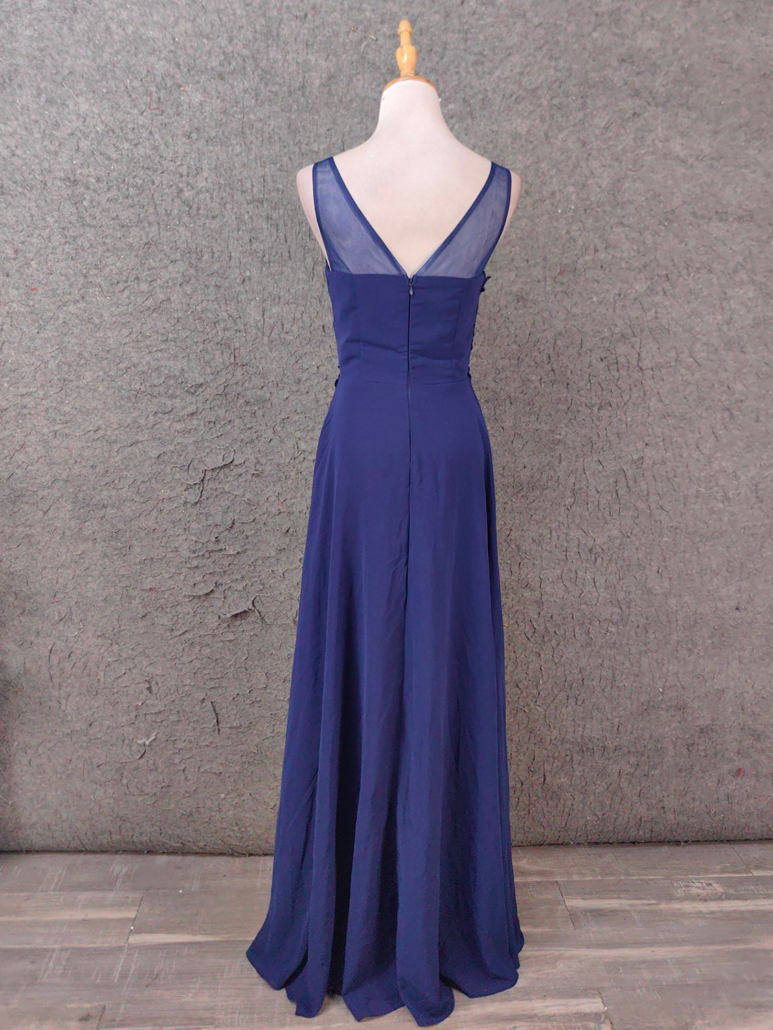 Elegant Navy Blue Spaghetti Strap Lace Ruffled Chiffon Long Prom Dresses Evening Dresses