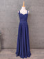 Elegant Navy Blue Spaghetti Strap Lace Ruffled Chiffon Long Prom Dresses Evening Dresses
