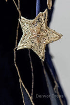 Elegant Navy Blue Spaghetti Strap Long Prom Dresses With Star