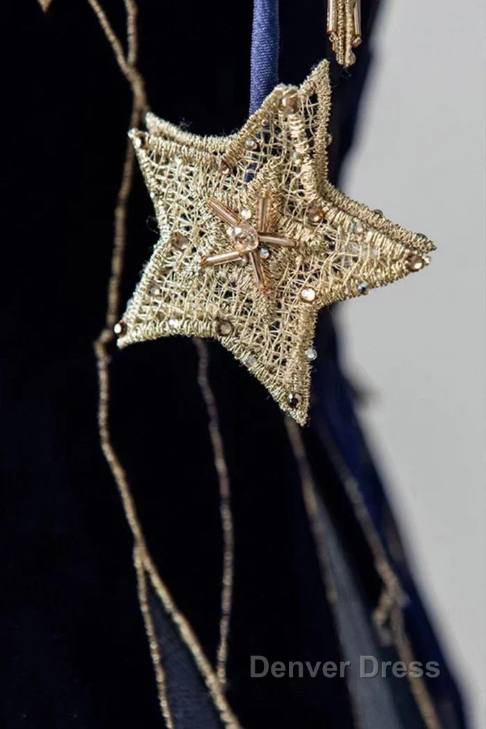 Elegant Navy Blue Spaghetti Strap Long Prom Dresses With Star