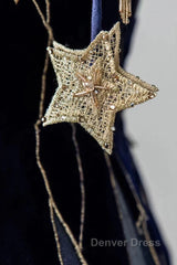 Elegant Navy Blue Spaghetti Strap Long Prom Dresses With Star