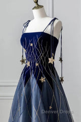 Elegant Navy Blue Spaghetti Strap Long Prom Dresses With Star