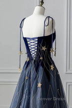 Elegant Navy Blue Spaghetti Strap Long Prom Dresses With Star