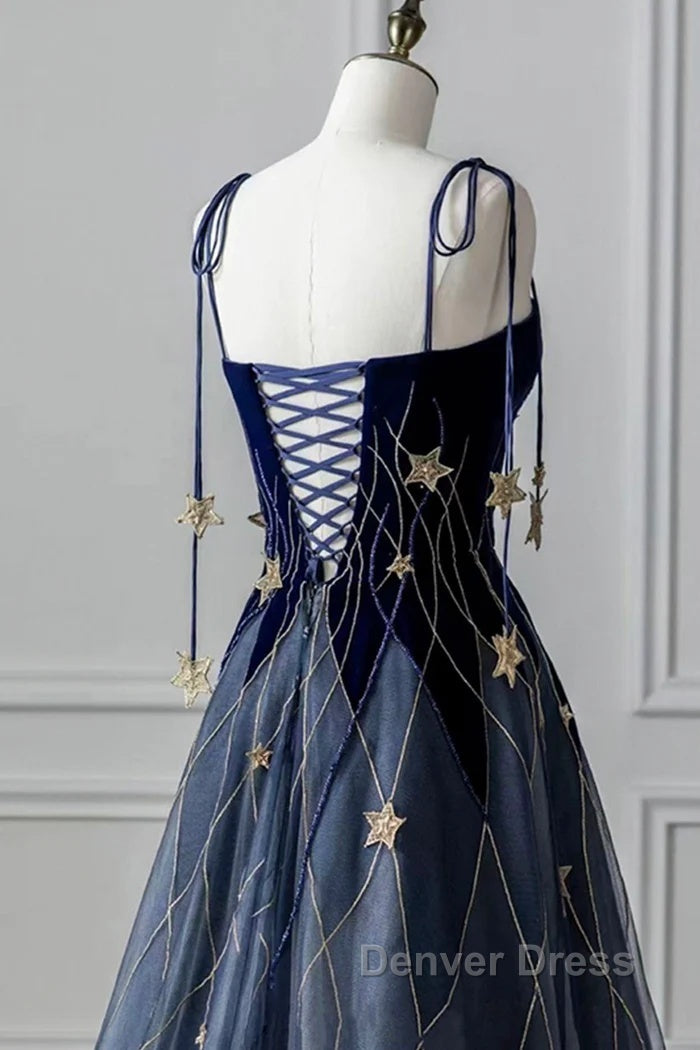 Elegant Navy Blue Spaghetti Strap Long Prom Dresses With Star