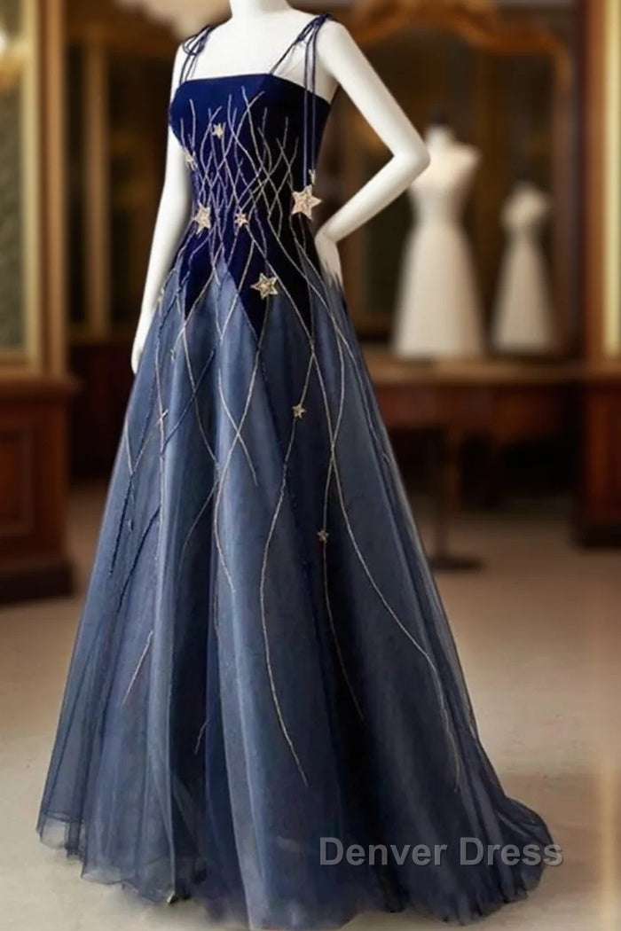 Elegant Navy Blue Spaghetti Strap Long Prom Dresses With Star Main image