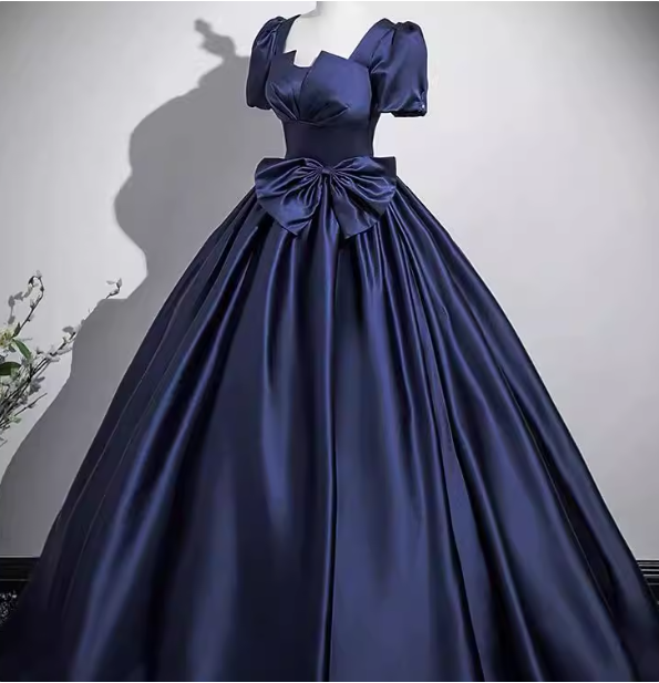 Elegant Navy Blue Square Neck Puff Sleeve Bow Satin Long Prom Dresses Evening Dresses