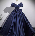 Elegant Navy Blue Square Neck Puff Sleeve Bow Satin Long Prom Dresses Evening Dresses
