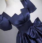 Elegant Navy Blue Square Neck Puff Sleeve Bow Satin Long Prom Dresses Evening Dresses