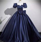 Elegant Navy Blue Square Neck Puff Sleeve Bow Satin Long Prom Dresses Evening Dresses
