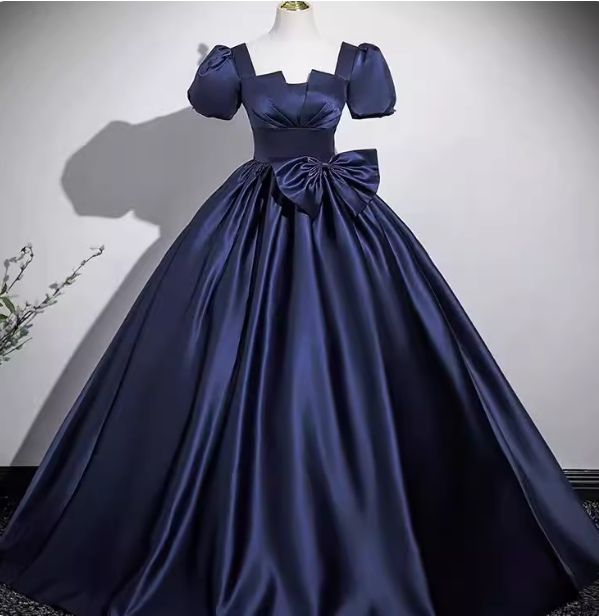 Elegant Navy Blue Square Neck Puff Sleeve Bow Satin Long Prom Dresses Evening Dresses
