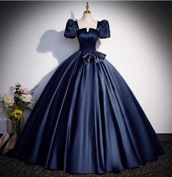 Elegant Navy Blue Square Neck Puff Sleeve Bow Satin Long Prom Dresses Evening Dresses