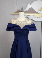 Elegant Navy Blue Train Beaded Satin Prom Dresses Evening Dresses